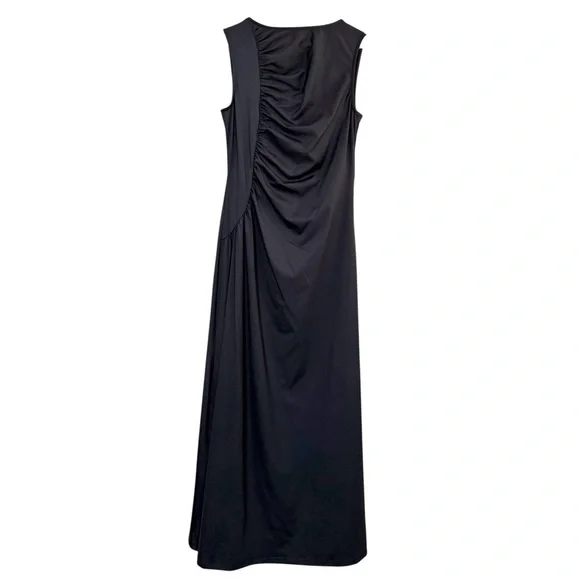 Commense Black Asymmetric Ruched Maxi Dress NWT Sleeveless Stretch Medium - Picture 3 of 10